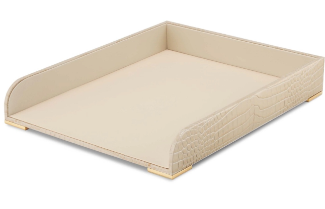The Aerin Classic Croc Leather Paper Tray in Fawn features raised sides and gold-accented corners, making it a stylish desk organizer or elegant office paper tray.