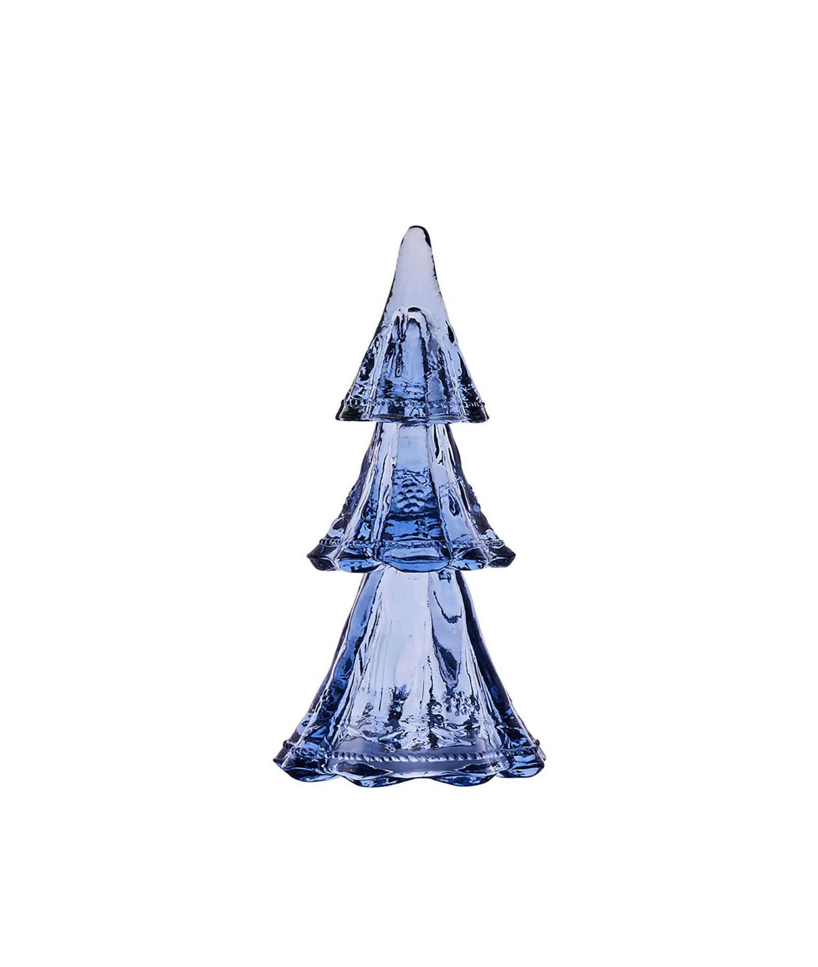 The Juliska Berry & Thread Evergreen Tree Collection glass ornament features a stylized three-tiered Christmas tree design, inspired by classic evergreen glass trees and perfect for holiday tables, shown isolated on a white background.