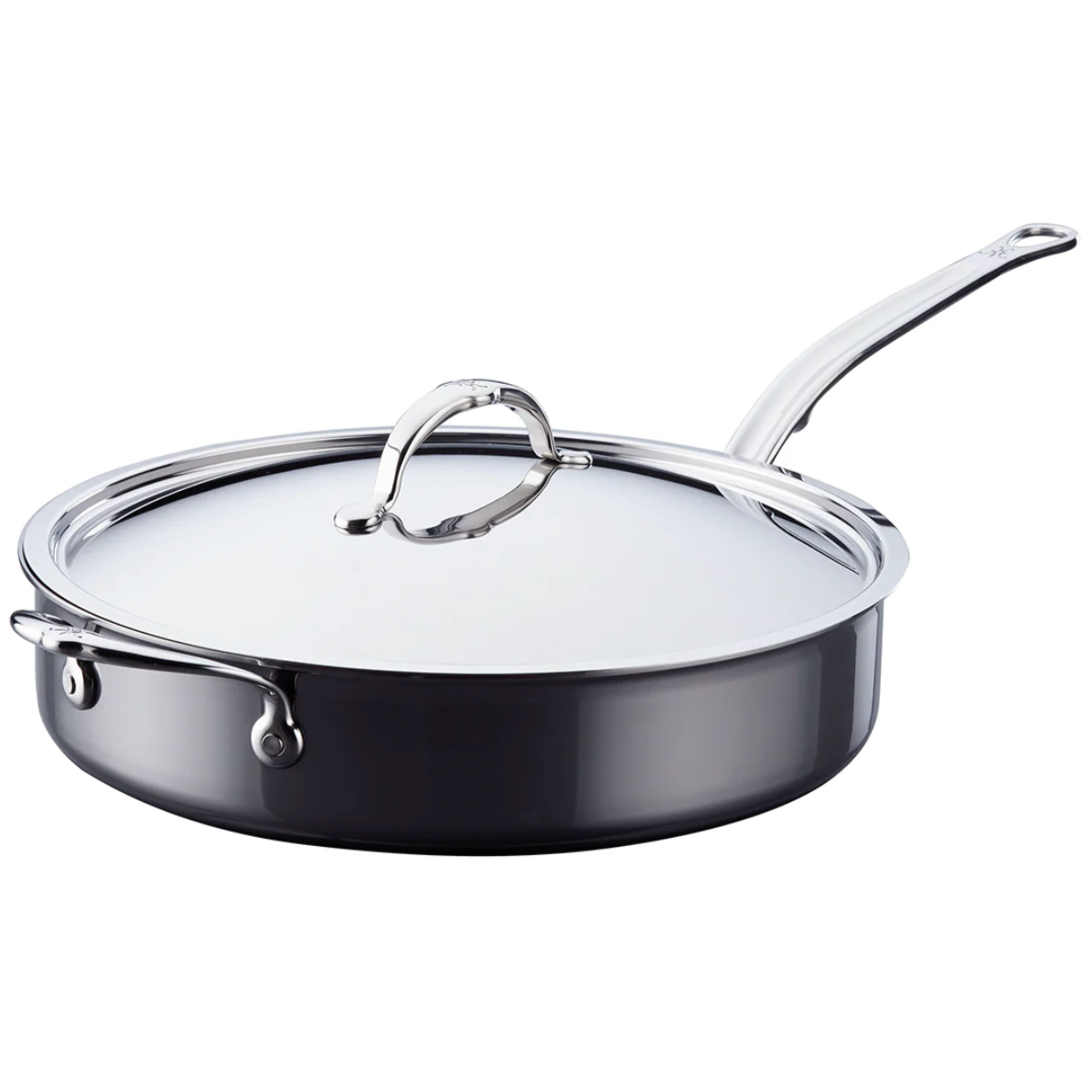 The Hestan NanoBond Titanium Sauté Pan, 5qt, with lid and long handle, offers ProCore Aluminum for even heating and is induction compatible; shown on a white background.