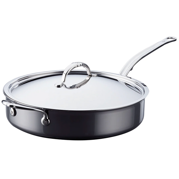 The Hestan NanoBond Titanium Sauté Pan, 5qt, is an induction-compatible stainless steel pan with ProCore clad technology, featuring a lid and a long handle, displayed on a white background.