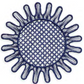 A symmetrical, circular geometric pattern with a lattice center and radiating, looped edges, inspired by Themis Z's Kyma Rattan Placemat Collection, illustrated in dark blue lines on a white background.