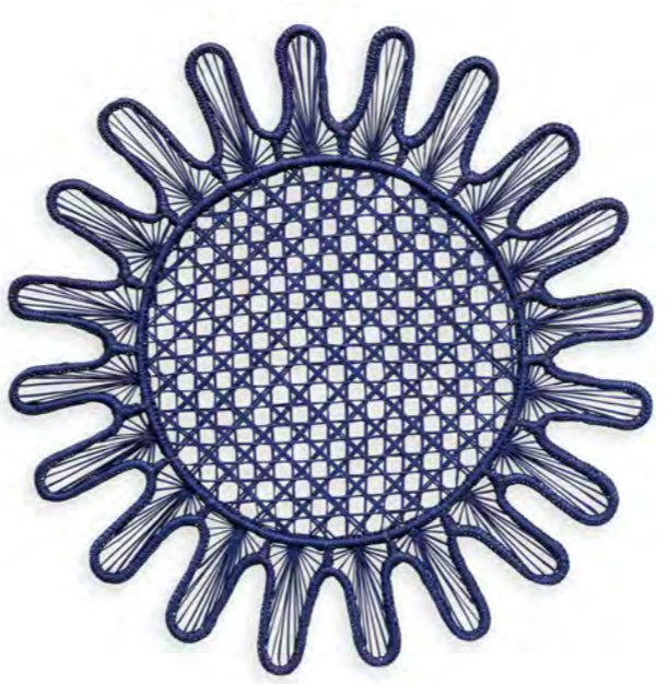 A symmetrical, circular geometric pattern with a lattice center and radiating, looped edges, inspired by Themis Z's Kyma Rattan Placemat Collection, illustrated in dark blue lines on a white background.