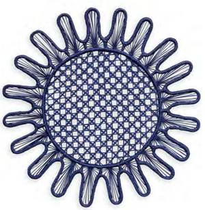 A symmetrical, circular geometric pattern with a lattice center and radiating, looped edges, inspired by Themis Z's Kyma Rattan Placemat Collection, illustrated in dark blue lines on a white background.