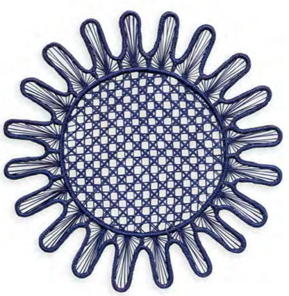 A symmetrical, circular geometric pattern with a lattice center and radiating, looped edges, inspired by Themis Z's Kyma Rattan Placemat Collection, illustrated in dark blue lines on a white background.