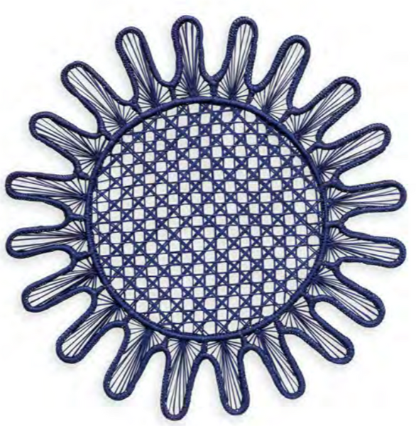 A symmetrical, circular string art pattern handcrafted by artisans consisting of interwoven blue threads creating a mandala-like design with radial and concentric geometric shapes from the Themis Z Kyma Rattan Placemat Collection.