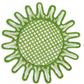 A round, green crocheted doily with a lattice-patterned center and sunray-like edges, handcrafted in the style of Themis Z's Kyma Rattan Placemat Collection by skilled Colombian artisans.