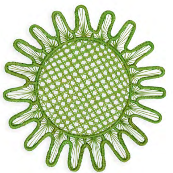 A round, green crocheted doily with a lattice-patterned center and sunray-like edges, handcrafted in the style of Themis Z's Kyma Rattan Placemat Collection by skilled Colombian artisans.