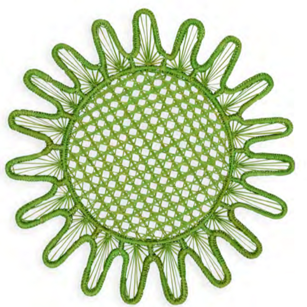Circular green Themis Z Kyma Rattan Placemat Collection with a lace pattern and scalloped edges, handcrafted by artisans.