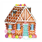 Watercolor illustration of a Gingerbread Partyware Collection gingerbread house with candy canes, colorful lollipops, and macarons, ideal for table accents and place cards.
