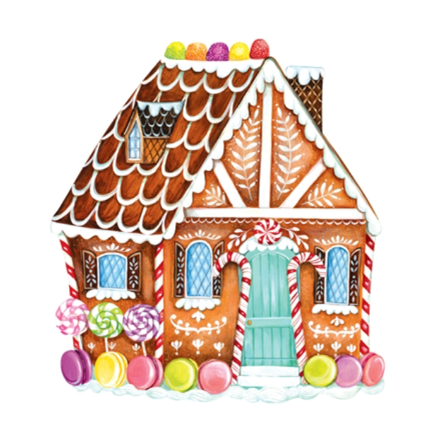 Watercolor illustration of a Gingerbread Partyware Collection gingerbread house with candy canes, colorful lollipops, and macarons, ideal for table accents and place cards.