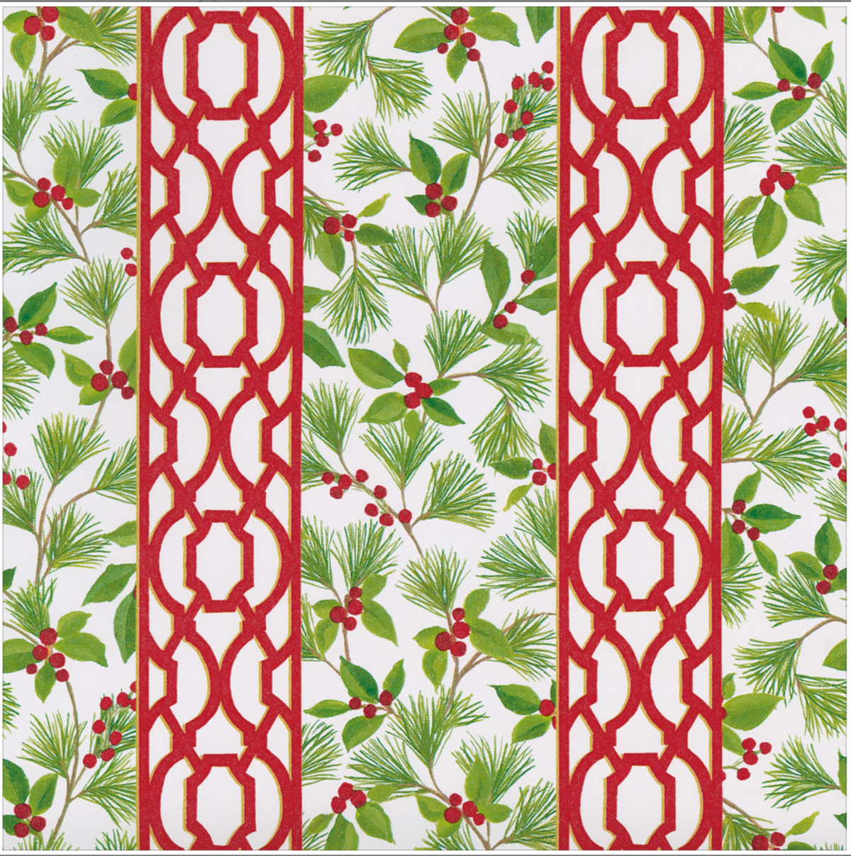 Knots and Greenery triple-ply napkins featuring vertical red trellis stripes alternating with sprigs of evergreen needles and red berries on a white background.