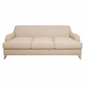 A beige upholstered three-seat Crowley Sofa by Hickory Chair, featuring curved armrests and wooden legs, is displayed against a plain white background.