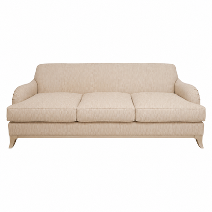 A beige upholstered three-seat Crowley Sofa by Hickory Chair, featuring curved armrests and wooden legs, is displayed against a plain white background.