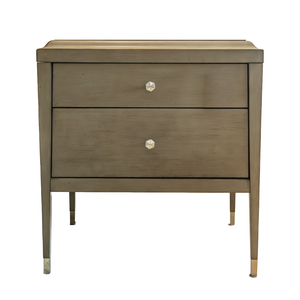 The Andrew Side Table by Hickory Chair features two drawers with silver geometric knobs, tapered legs with metal caps on the front feet, and is expertly crafted from elegant beeswing primavera wood. Versatile in design, it can serve as a side table or nightstand, adding sophisticated texture and style to any space.