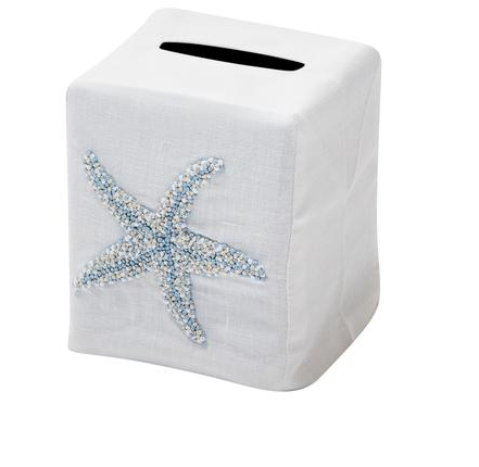 Add a touch of elegance to your home décor with the Haute Home Starfish Coaster & Bath Collection white tissue box cover, crafted from premium Italian linen and adorned with a blue starfish design. Featuring a convenient top slot for easy tissue dispensing, this piece blends style and functionality beautifully.