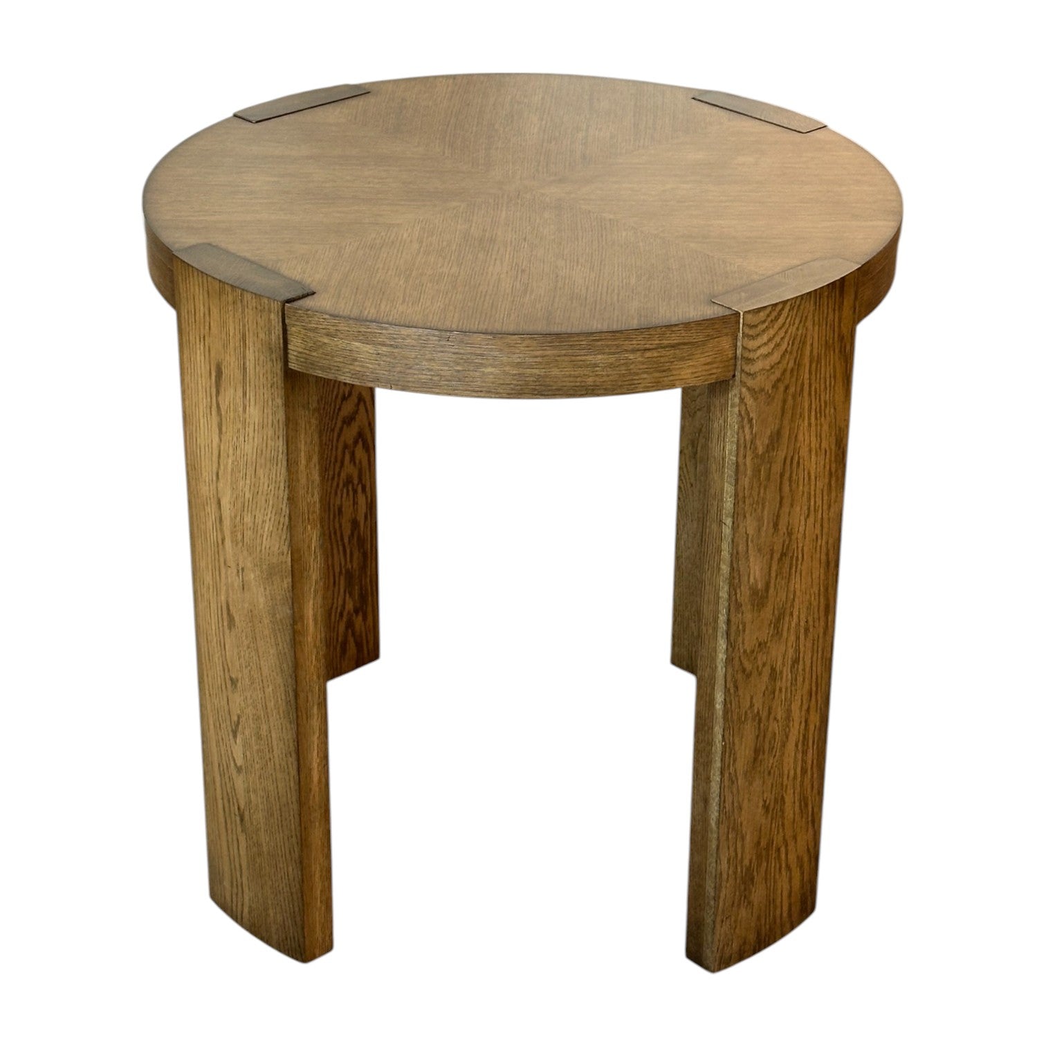 The Large Chairside Table in Wheat by Century Furniture features a round wooden top, four wide rectangular legs, and a smooth natural finish—perfect for stylish home decor.