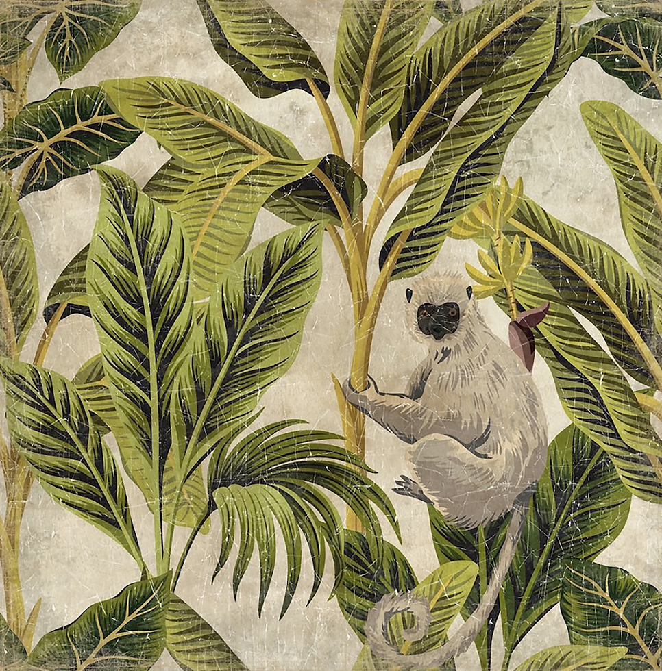The Marmoset by Tropical Tapestry features a small monkey amid lush green leaves and tropical plants on a vintage-textured background—ideal primate wall decor for any nature-inspired space.