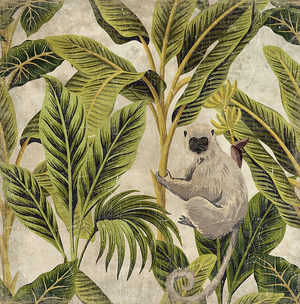 The Marmoset by Tropical Tapestry features a small monkey amid lush green leaves and tropical plants on a vintage-textured background—ideal primate wall decor for any nature-inspired space.