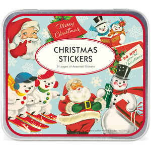 The Christmas Stickers Tin by Cavallini Papers and Co features vintage-style holiday art with Santa, snowmen, and penguins. Includes 24 pages of assorted stickers—ideal for decorating art projects or holiday crafts.