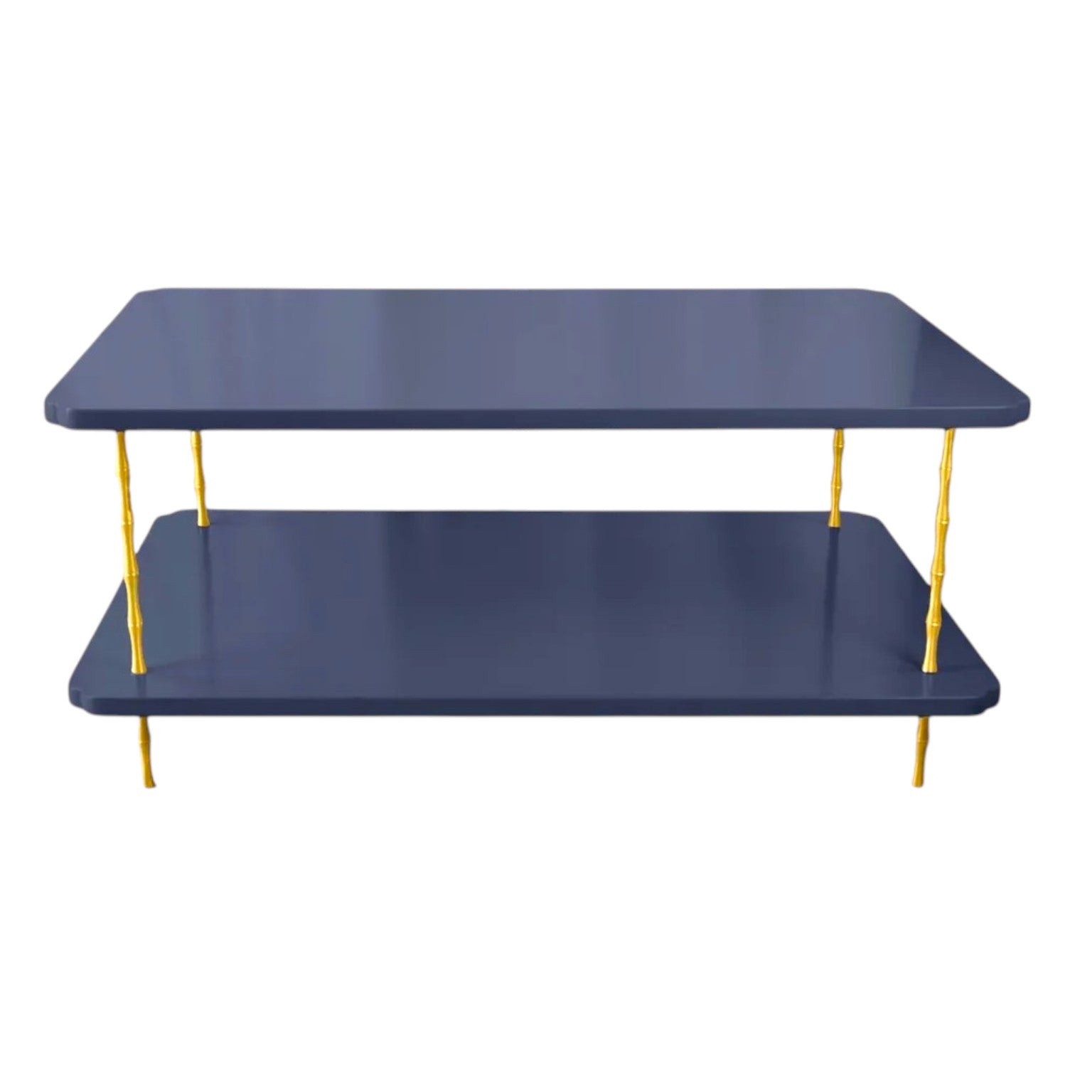 The Satin Lacquered Coffee Table by Two World Arts Group features two rectangular dark blue shelves and gold brass bamboo legs in a minimalist design, displayed against a white background.