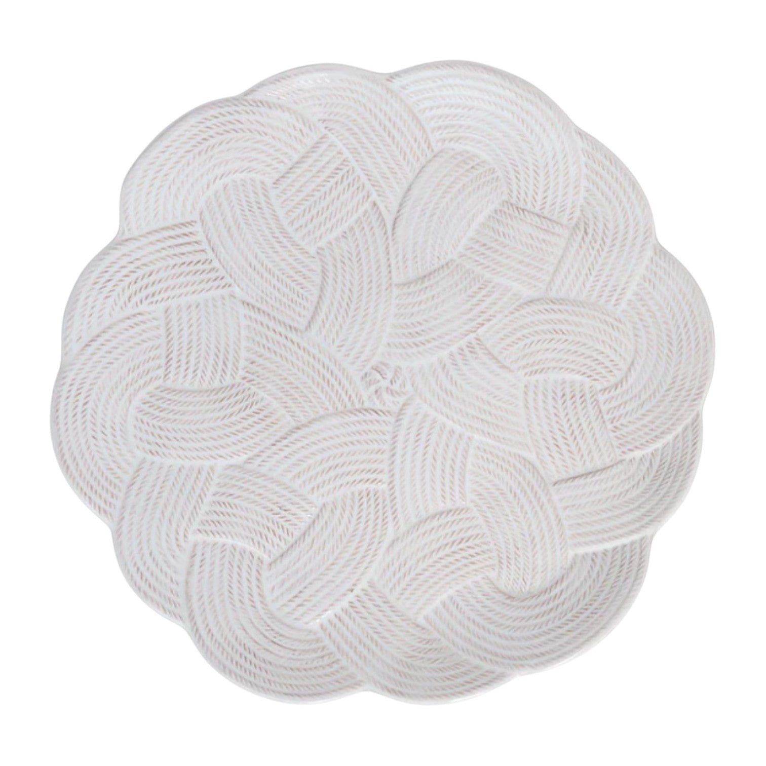 The Le Panier Mystic Knot Collection plate by Juliska is a white, round ceramic piece featuring the brand’s signature French basket weave and an intricate hand-knotted braid pattern.
