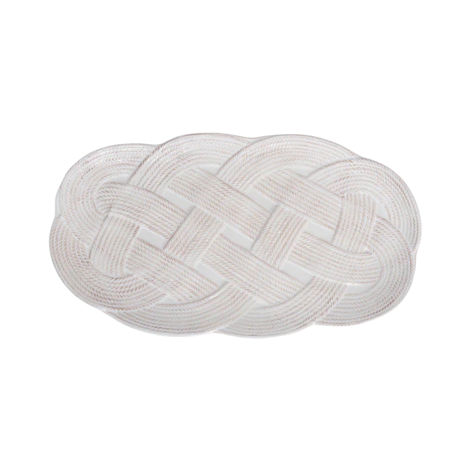 The Le Panier Mystic Knot Collection by Juliska features an oval-shaped white rope mat with an intricate braided knot pattern inspired by French basket weave, set against a plain white background.
