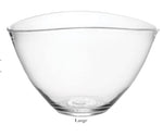 Simon Pearce’s Barre Bowl Collection: Clear glass mixing bowl labeled "Large" features an asymmetrical wave design against a white background.