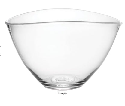 Simon Pearce’s Barre Bowl Collection: Clear glass mixing bowl labeled "Large" features an asymmetrical wave design against a white background.