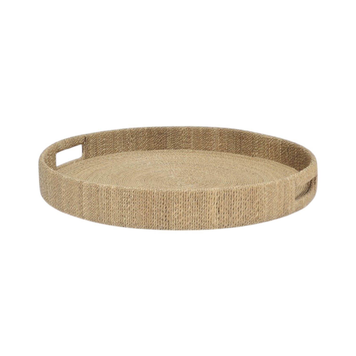 The Monarch Round Tray Collection by PALECEK features a round woven serving tray with raised edges and two cutout handles, made of seagrass rope over a sturdy metal frame. Part of the Jeffrey Alan Marks Collection. Shown on a white background.
