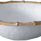 A white bowl from Beatriz Ball's Vida Natural Bamboo Serveware Collection features a textured surface and bamboo-inspired rim—ideal for anyone seeking stylish, break-resistant luxury melamine tableware.