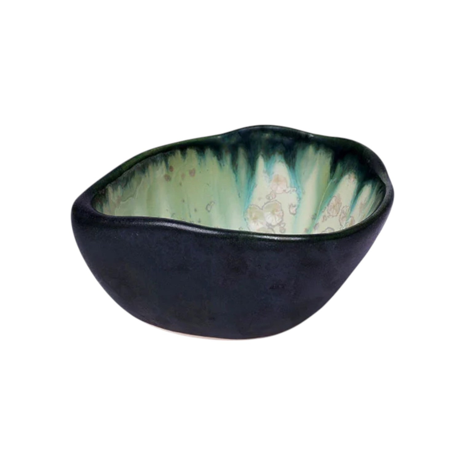 From AE Ceramics’ Mint & Charcoal Serveware Collection, this small, uniquely-shaped bowl features a dark finish outside and a marbled green interior—blending style and function for any table setting.