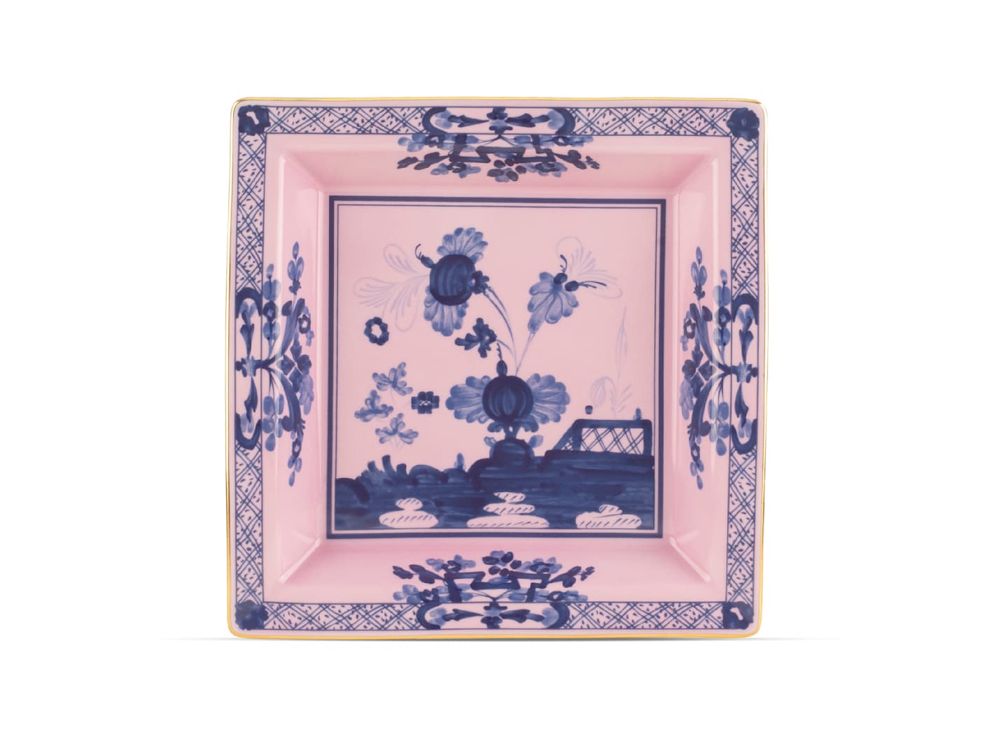 The Oriente Italiano Azalea Serveware & Decor Collection by Ginori 1735 features a rectangular porcelain plate with a pink background, blue floral and landscape designs, and a decorative border—ideal for elegant home decor.