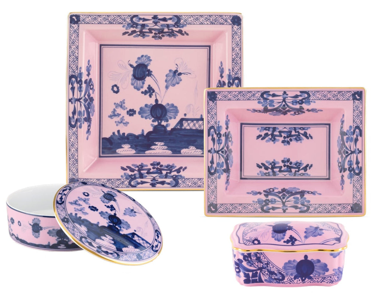 The Oriente Italiano Azalea Serveware & Decor Collection by Ginori 1735 features two square plates, a round lidded box, and a rectangular lidded box with blue floral patterns to add charming style to your home décor.