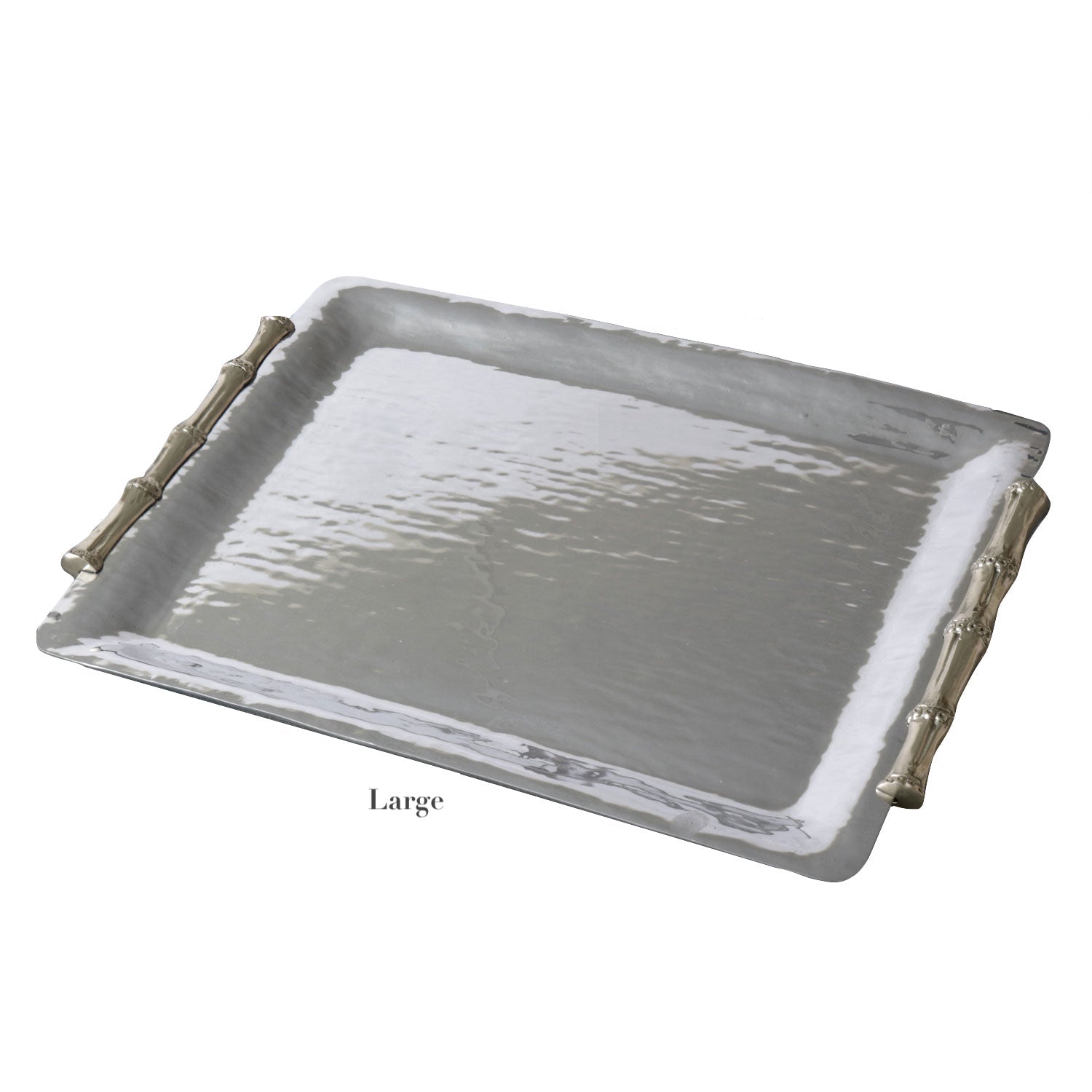 The Beatriz Ball Garden Bamboo Rectangular Tray Collection features a large silver aluminum tray with a textured surface and bamboo-inspired handles, making it an elegant decorative serving piece.