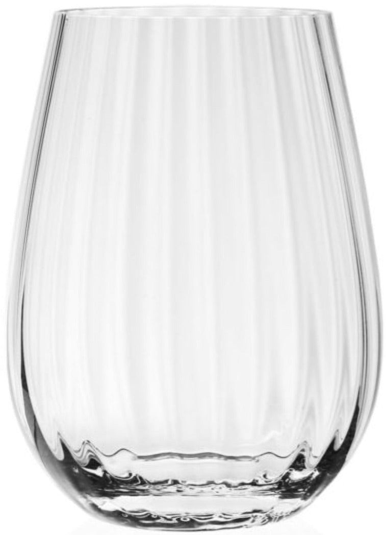 The Corinne Collection stemless wine glass by William Yeoward Crystal features a rounded shape with subtle vertical optic ridges, shown clear and empty against a white background.