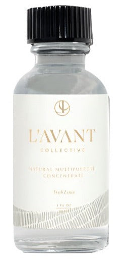 Clear bottle with black cap labeled “Multipurpose Concentrate Refill Fresh Linen” by L’Avant Collective. Eco-Luxe Glass Bottle and plant-based formula make this an effective multipurpose surface cleaner you’ll love.