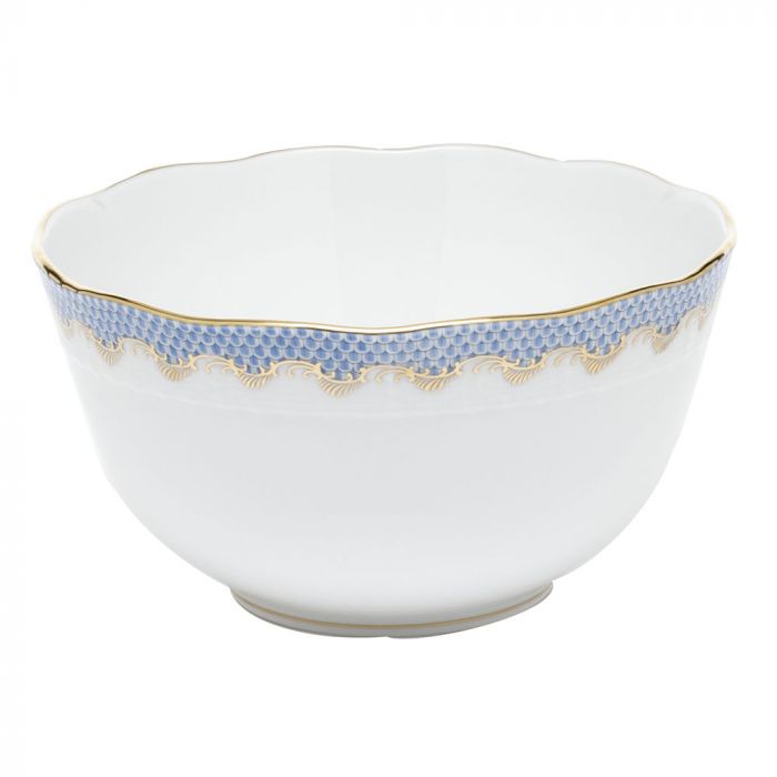 A white ceramic bowl with a scalloped rim featuring the blue and gold decorative hand-painted designs of the Herend Fish Scale Light Blue Collection by Herend, reminiscent of Queen Victoria's porcelain.