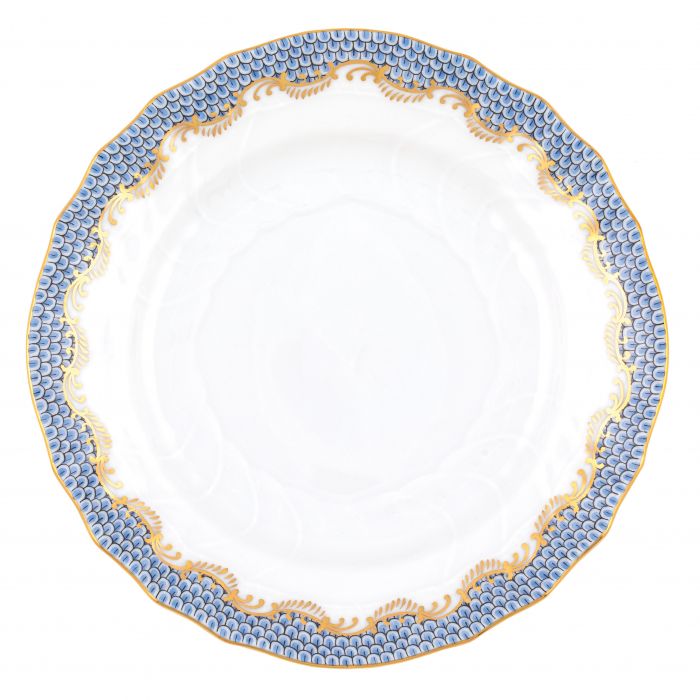 Herend Fish Scale Light Blue Collection white ceramic plate by Herend, featuring an artistic appreciation evident in its patterned blue and gold border.