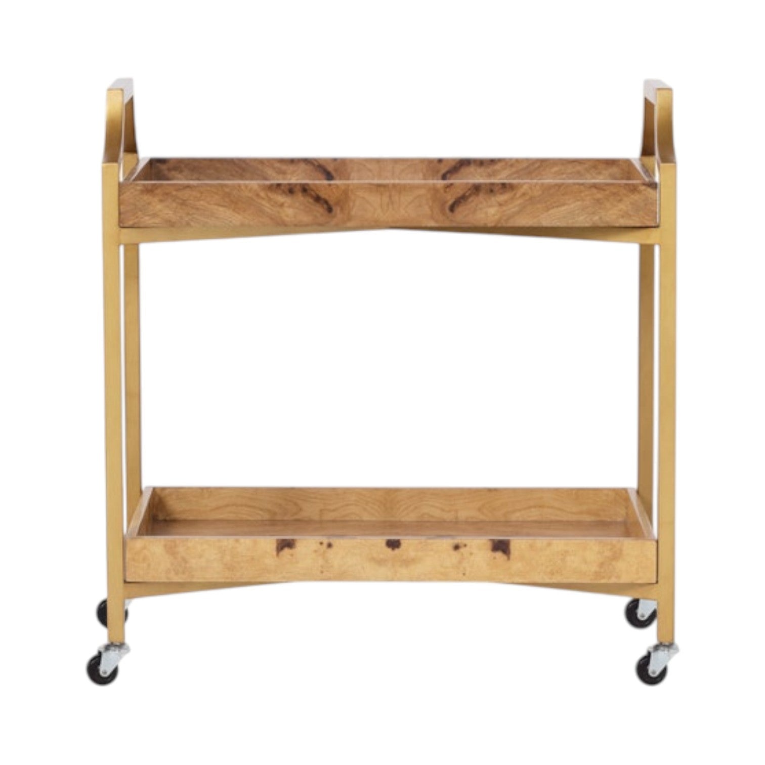 The Montaro Bar Cart by Made Goods features olive ash box trays, two shelves, and a painted metal frame with four caster wheels, shown against a white background.