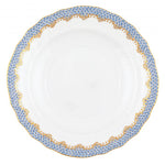 From the Herend Fish Scale Light Blue Collection, this white porcelain plate features a scalloped edge and a delicate light blue and gold patterned border.