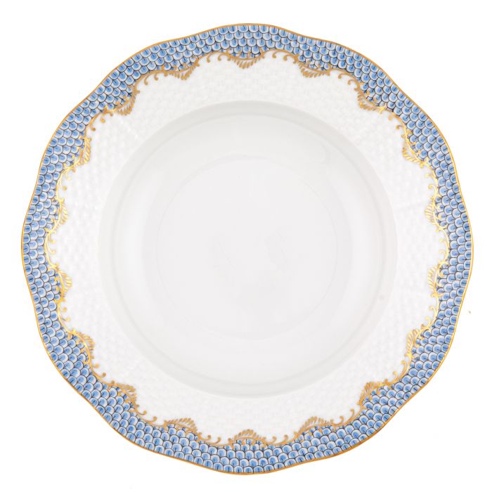 The Herend Fish Scale Light Blue Collection plate by Herend features a round, white ceramic design with a scalloped edge, adorned with intricate blue and gold patterns along the rim, showcasing hand-painted artwork that invites artistic appreciation.