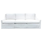 The Chatham Dressmaker Sofa in Homespun Sea Salt by Hickory Chair is a three-seat white sofa with three seat cushions and three back cushions, featuring straight arms and a skirted base that showcases tailored construction reminiscent of classic English club chair style.