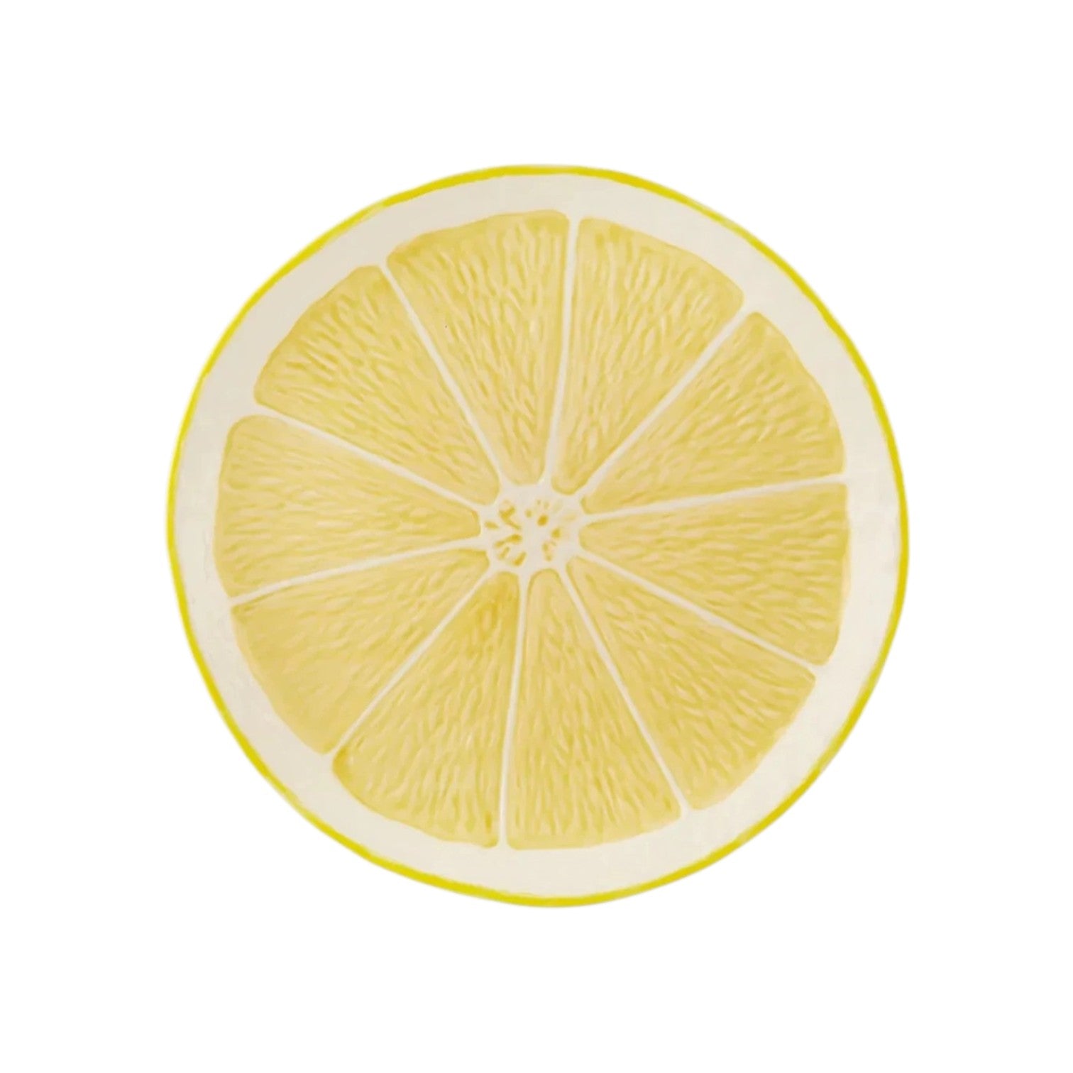 A cross-section of a lemon reveals the rind, segments, and pulp on a white background—perfect inspiration for whimsical tableware like the Lemon Collection by Bordallo Pinheiro.