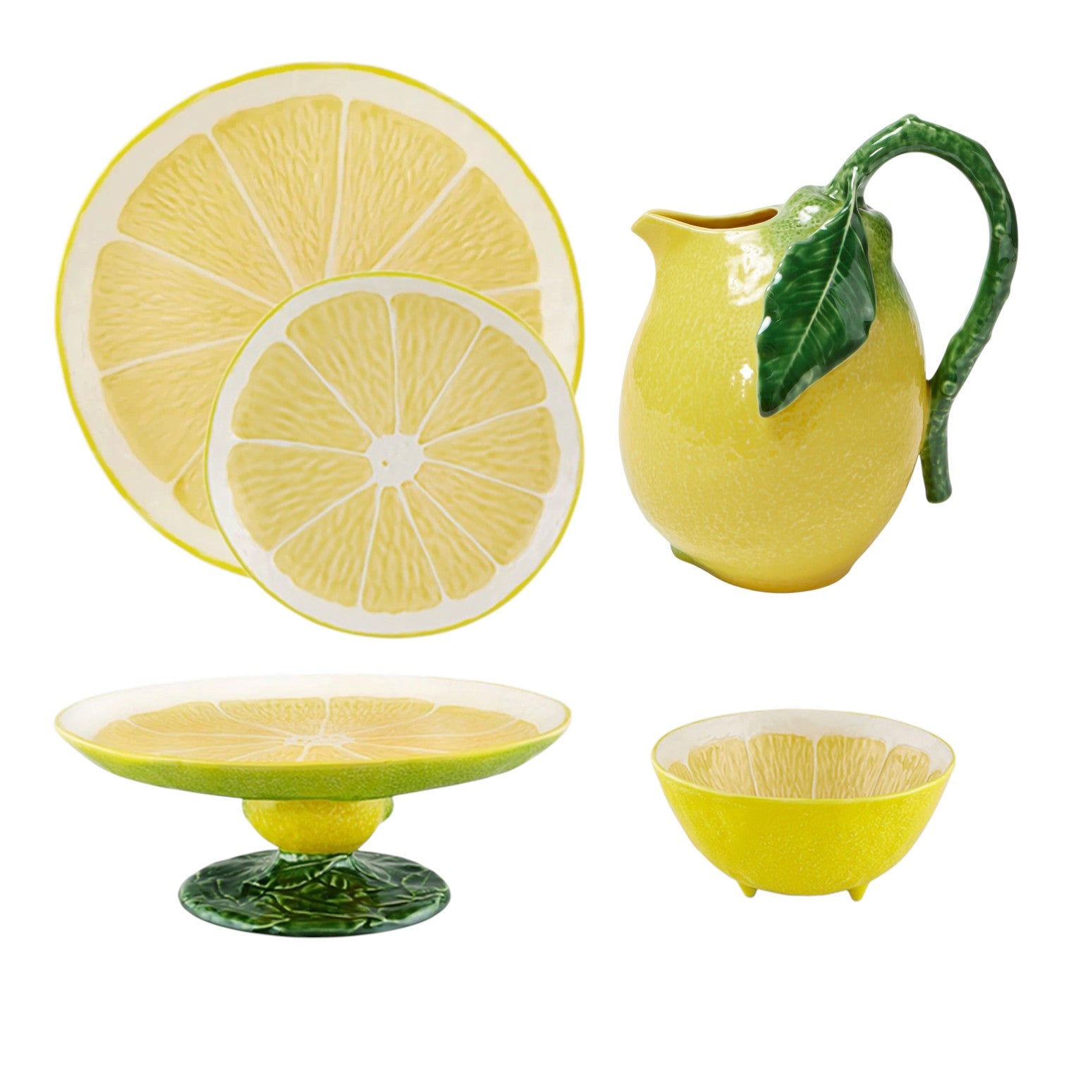 Add citrus charm to your kitchen with the Lemon Collection by Bordallo Pinheiro—whimsically shaped and painted lemon tableware, including a large plate, small plate, pitcher with leaf handle, pedestal dish, and bowl.