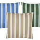 Three John Robshaw Vintage Stripe Outdoor Pillows—blue/white, green/white, and beige/white—are arranged on a white background. Sun and rain resistant, they bring classic style to any outdoor space.
