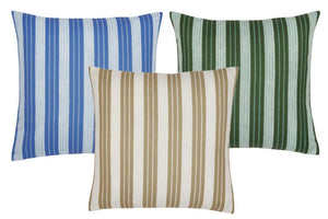 Three John Robshaw Vintage Stripe Outdoor Pillows—blue/white, green/white, and beige/white—are arranged on a white background. Sun and rain resistant, they bring classic style to any outdoor space.