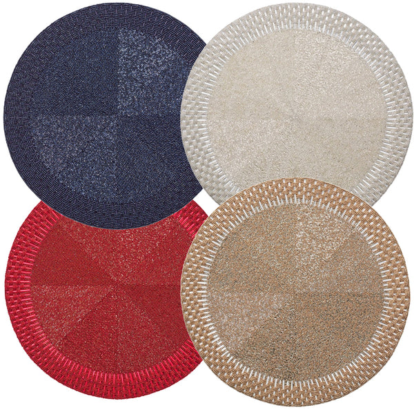 The Kim Seybert Palisade Placemats, crafted by the brand Kim Seybert, consist of four round woven pieces showcasing a basketweave pattern in navy, cream, red, and beige. These placemats are arranged in an overlapping design against a white background, ideal for adding elegance to both everyday dining and more formal occasions.