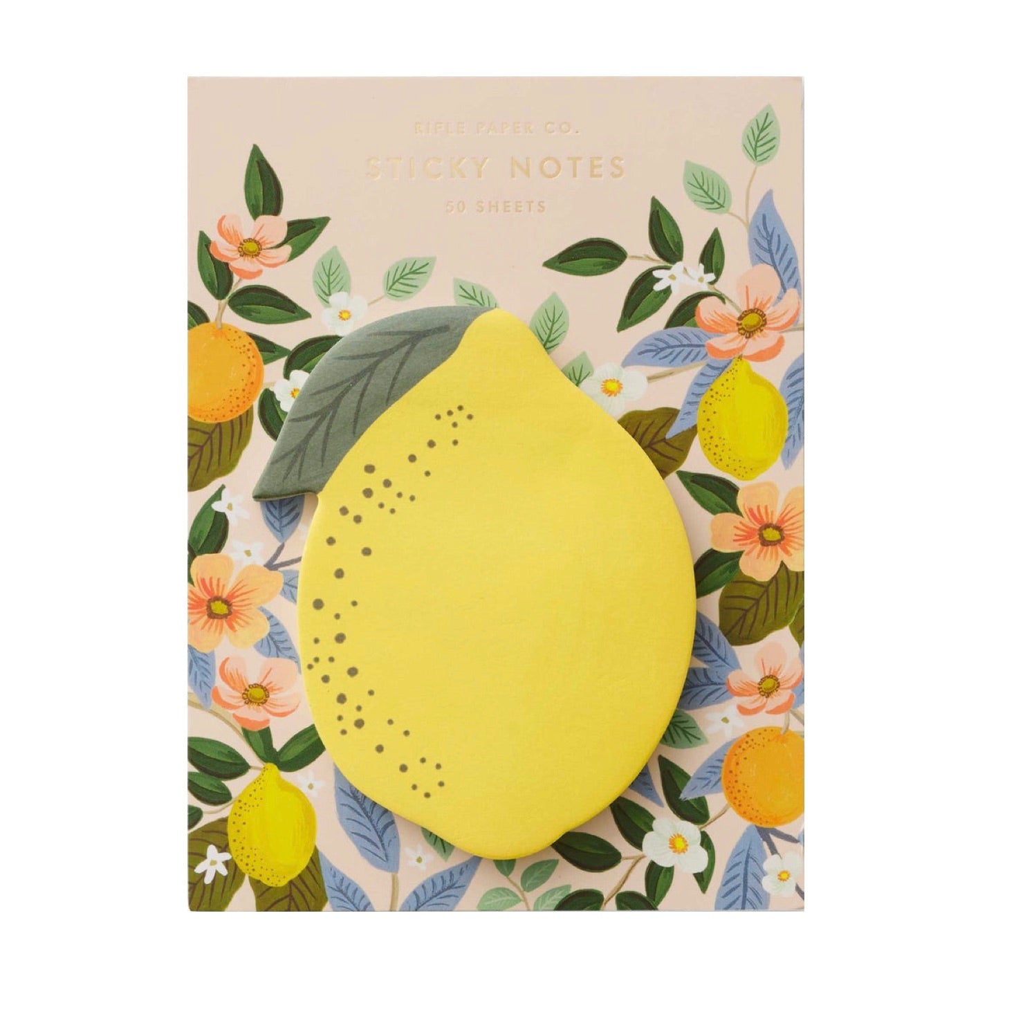 Lemon Sticky Notes by Riffle Paper Co.: a pad of 50 lemon-shaped sticky notes with a green leaf, set on a floral-patterned backing card featuring lemons and flowers.