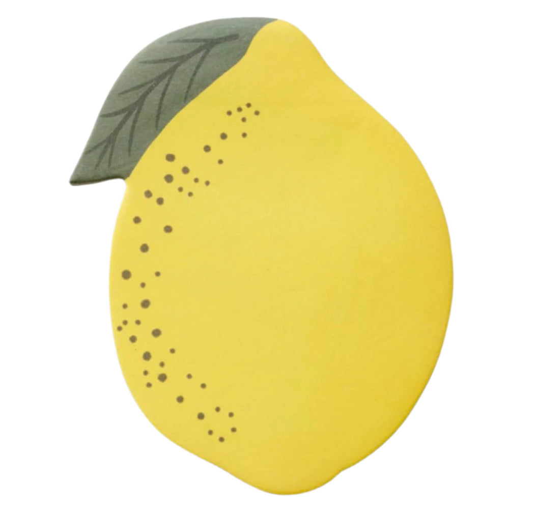 A flat, stylized illustration of a yellow lemon with a green leaf and dotted accents, inspired by Riffle Paper Co.'s Lemon Sticky Notes pad of 50.