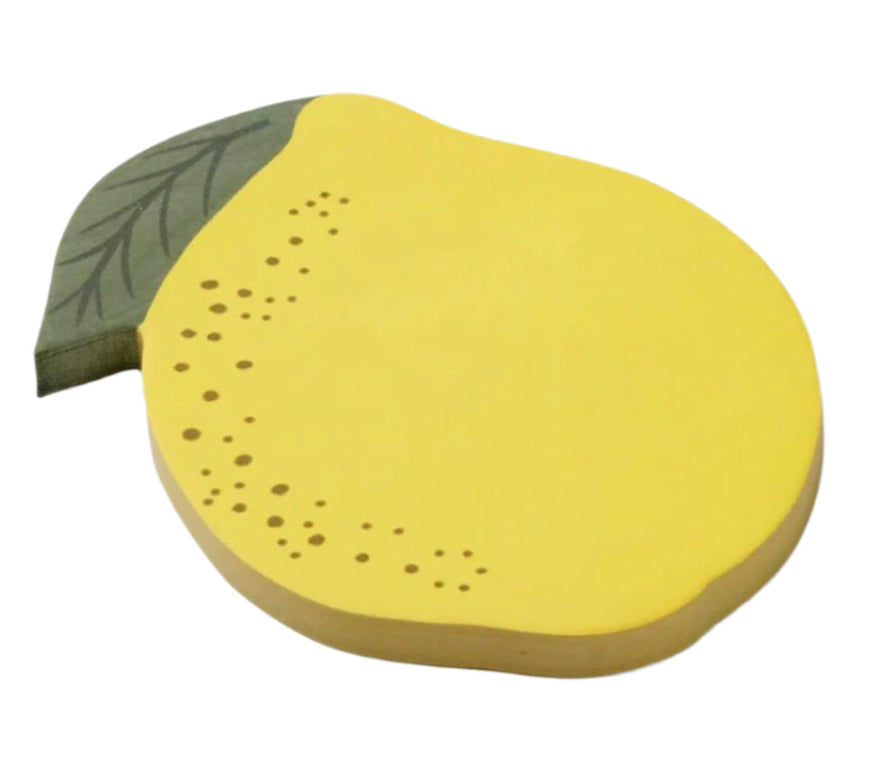 A pad of 50 Lemon Sticky Notes by Riffle Paper Co., shaped like a lemon with a green leaf and dotted details, is displayed on a white background—cute and functional for notes or reminders.